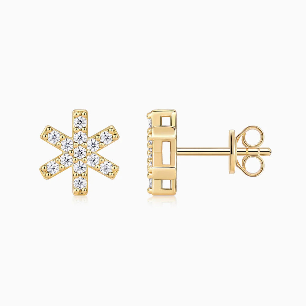 Snowflake stud earrings set: front and back views, yellow gold vermeil with white stones
