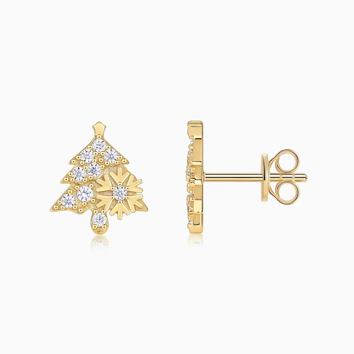 Christmas tree stud earrings, white gold vermeil, post and hinged clasp view
