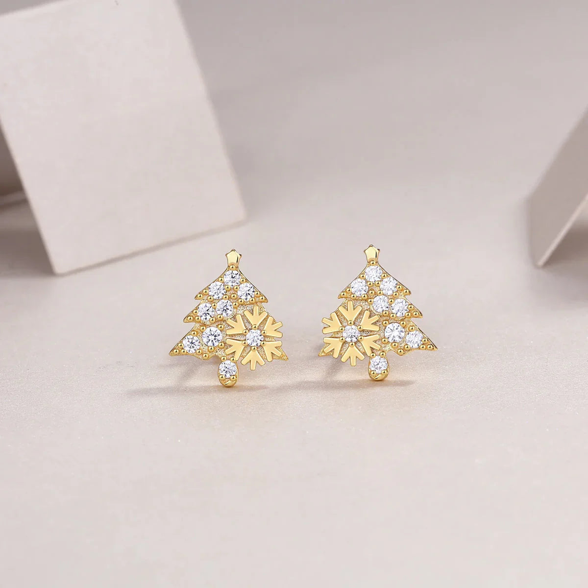 Christmas tree stud earrings with clustered round moissanite stones, white gold vermeil