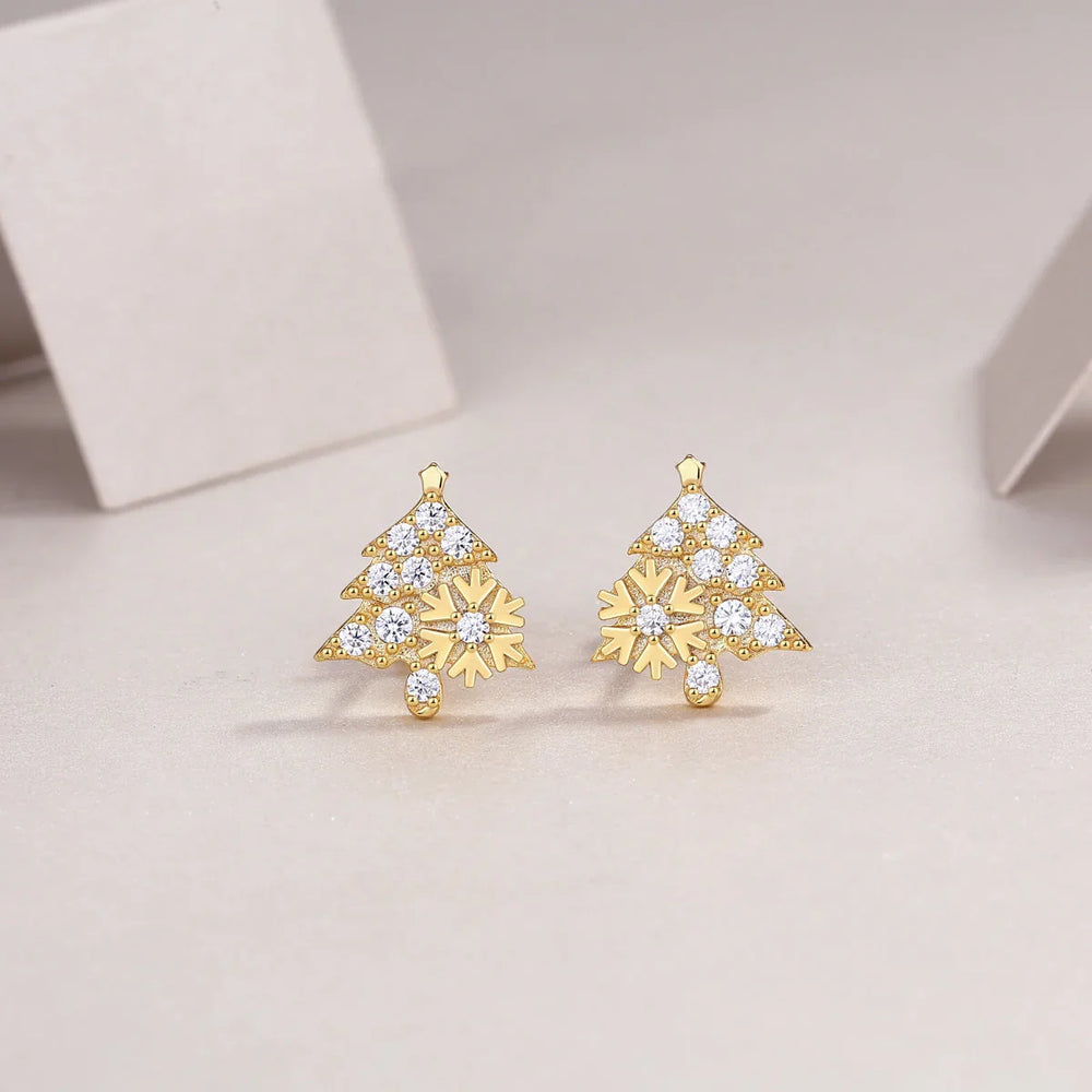 Christmas tree stud earrings with clustered round moissanite stones, white gold vermeil