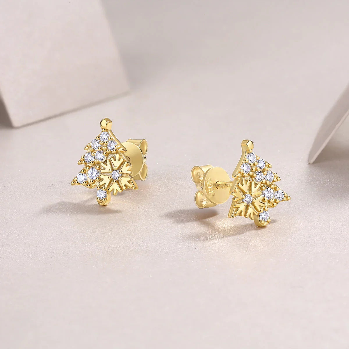 Christmas tree stud earrings, white gold vermeil, round moissanite stones and secure back