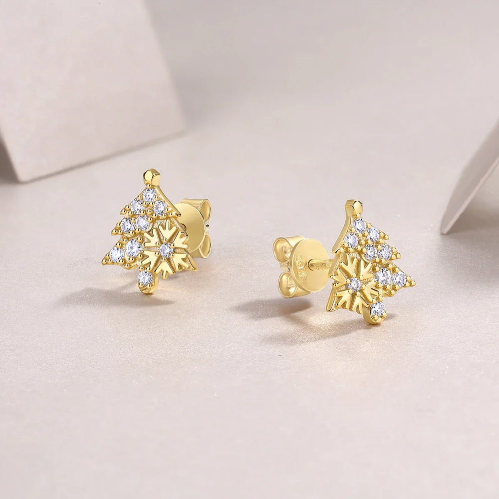 Christmas tree stud earrings, white gold vermeil, round moissanite stones and secure back