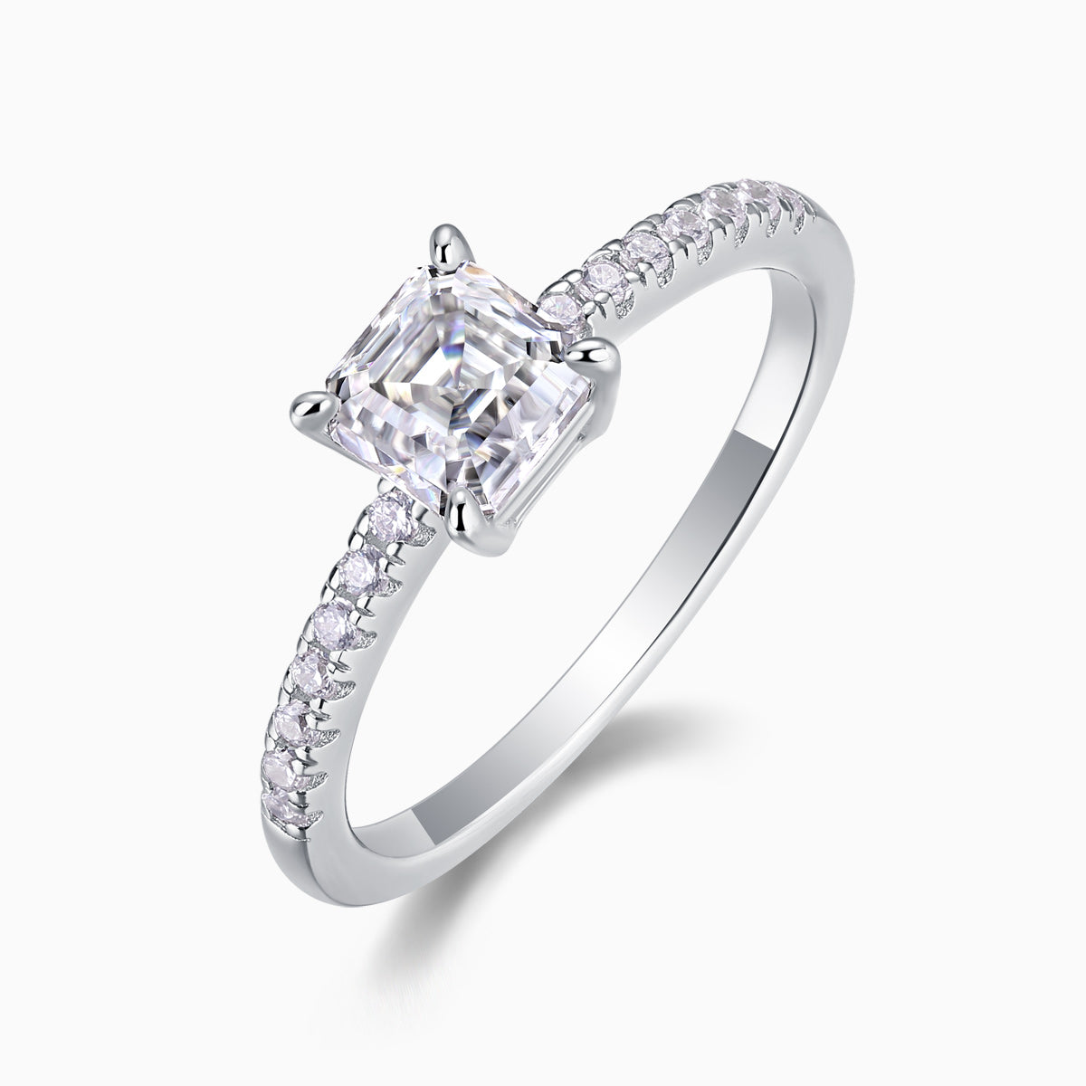 Asscher-cut moissanite ring with side pavé stones and square center
