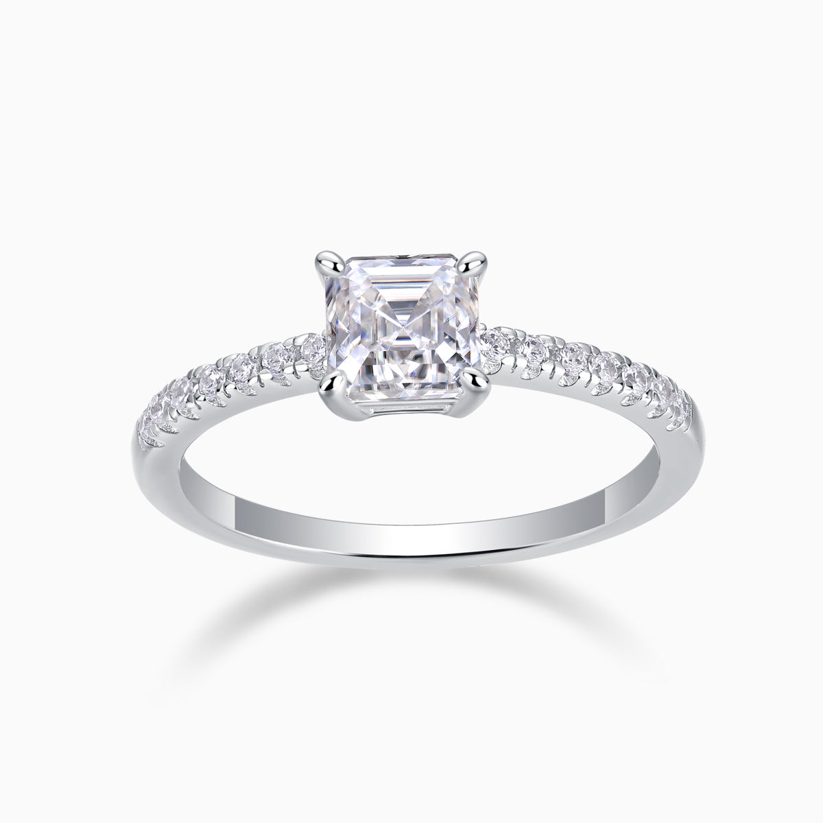 Asscher-cut moissanite pave engagement ring in white gold vermeil