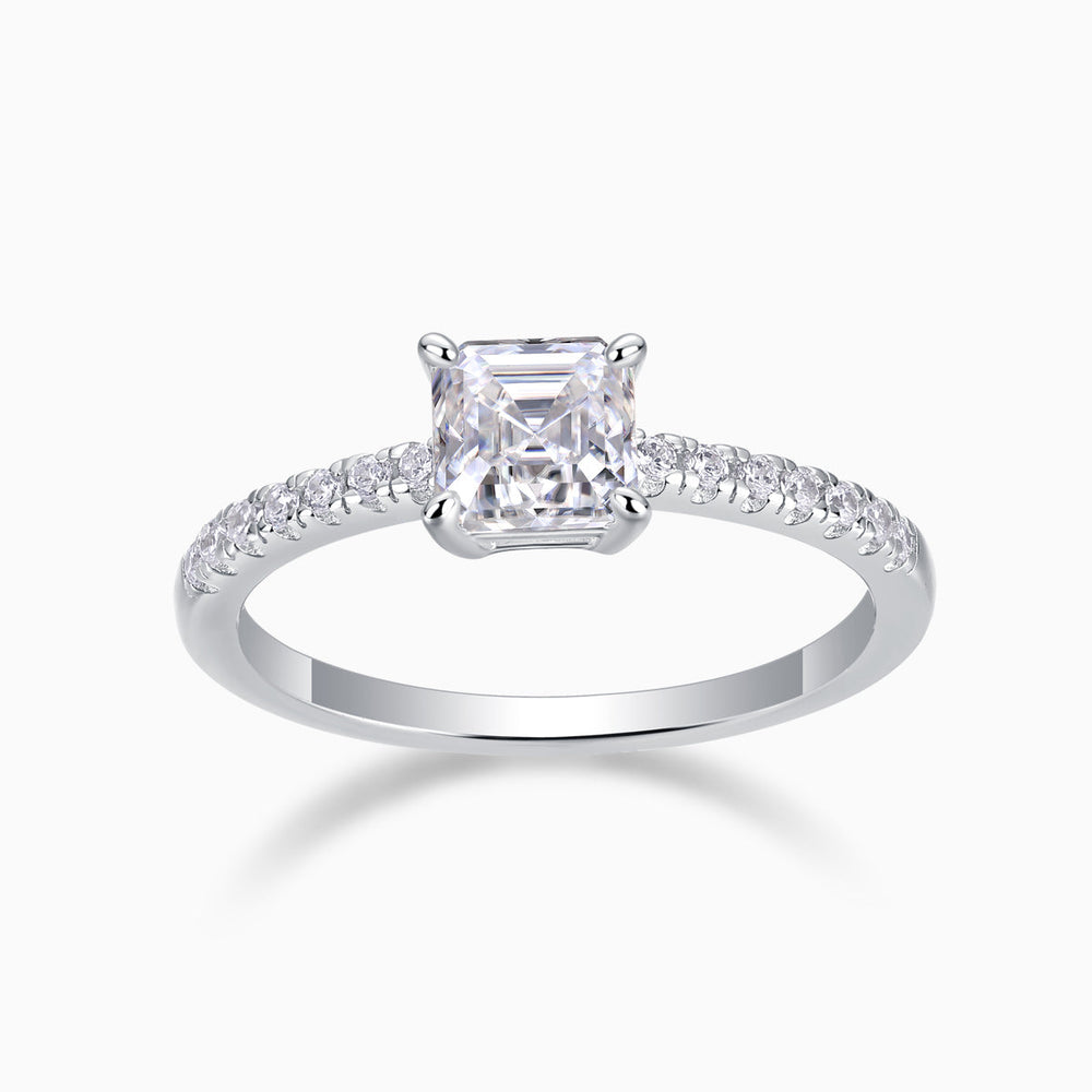 Asscher-cut moissanite pave engagement ring in white gold vermeil