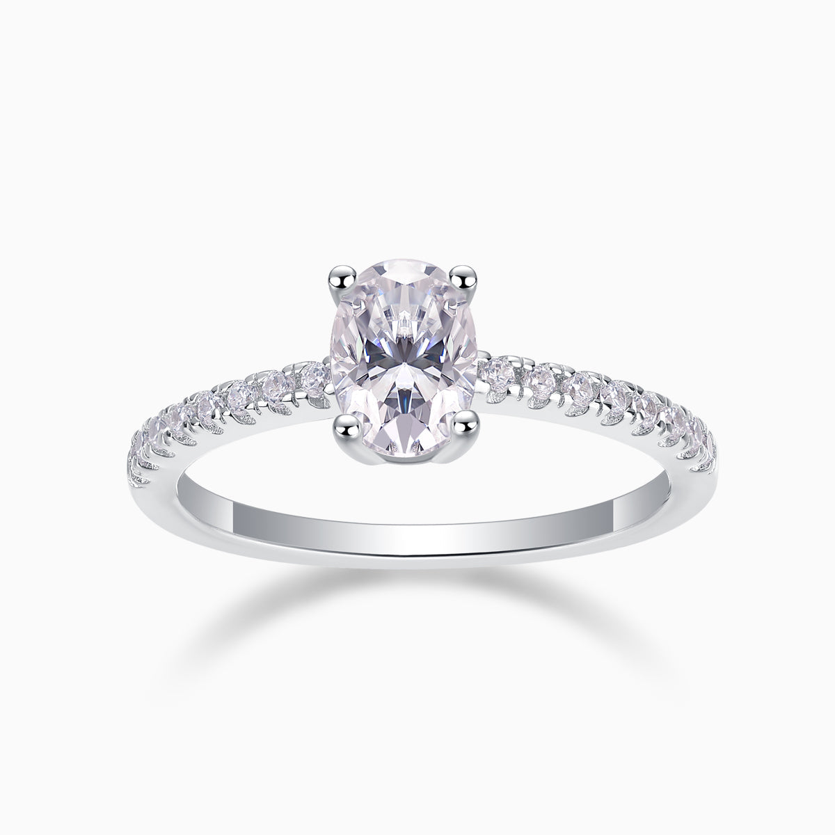 Oval-cut pavé moissanite engagement ring with split prong setting, sparkling stones on band