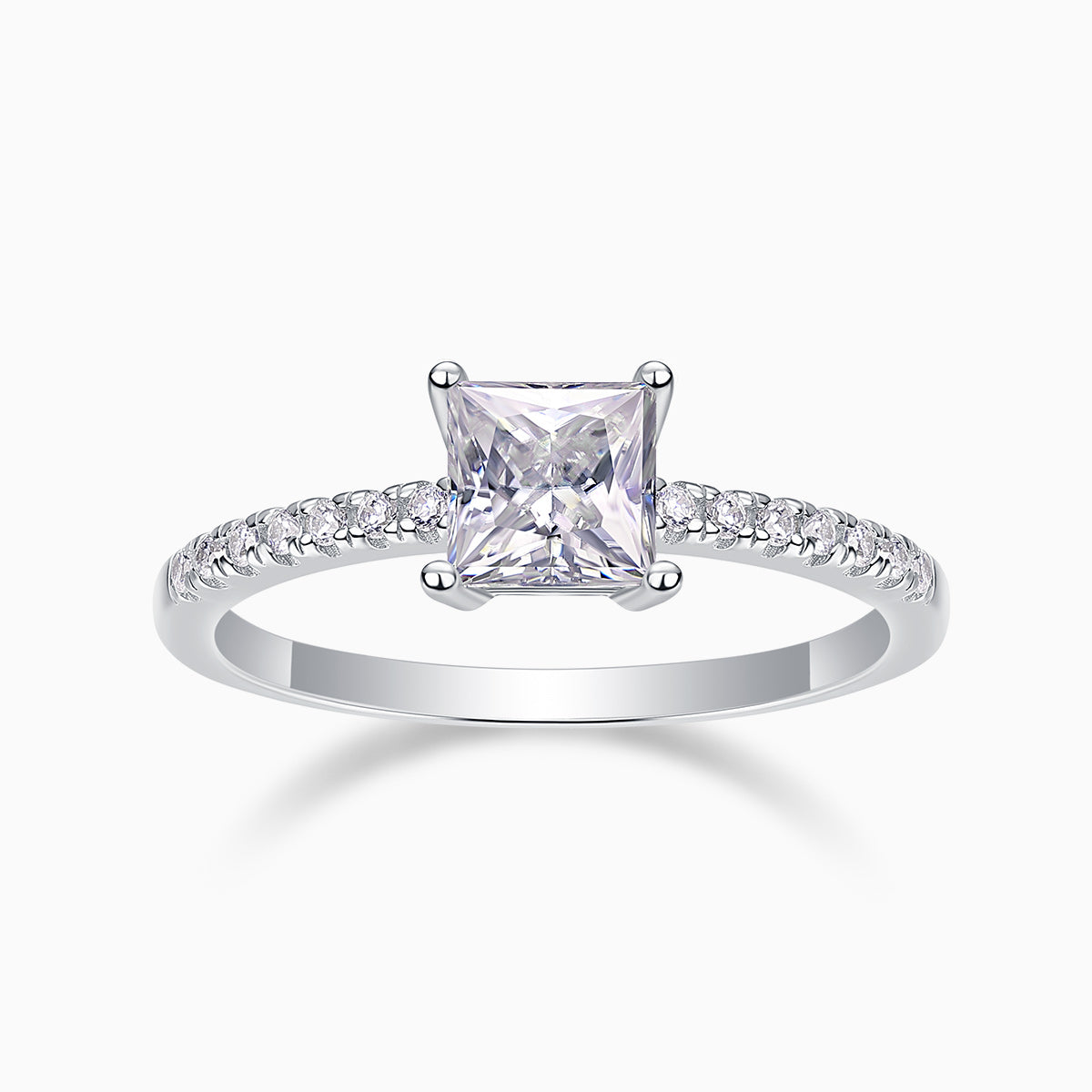 White-gold vermeil ring with princess-cut center moissanite and pavé stones