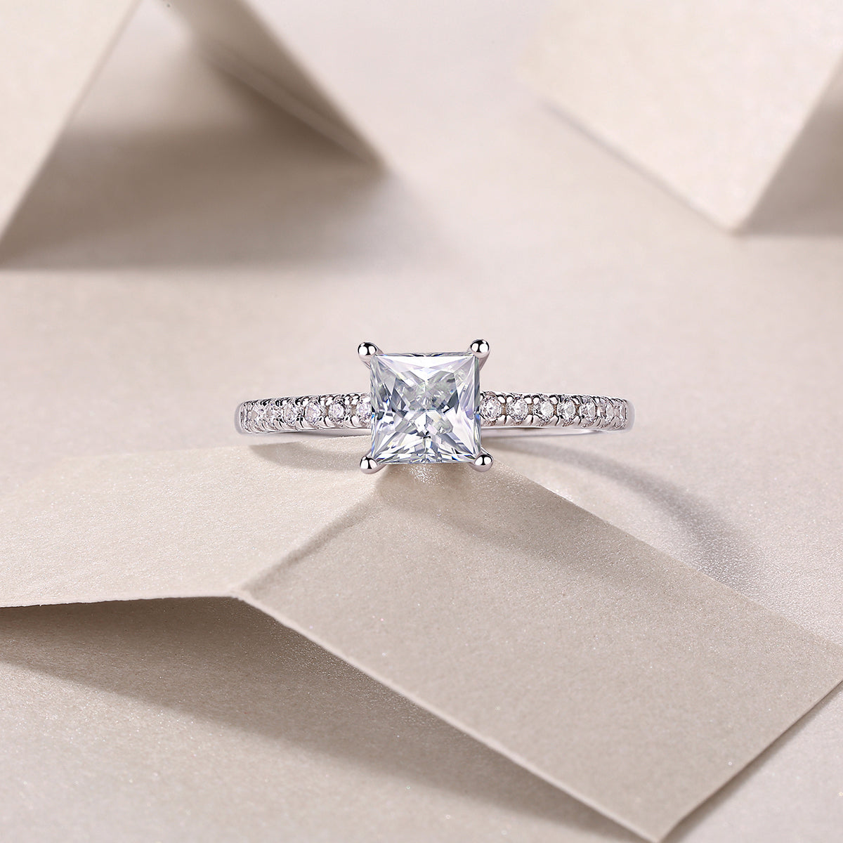 Princess-cut moissanite ring with pavé band, white-gold vermeil center setting