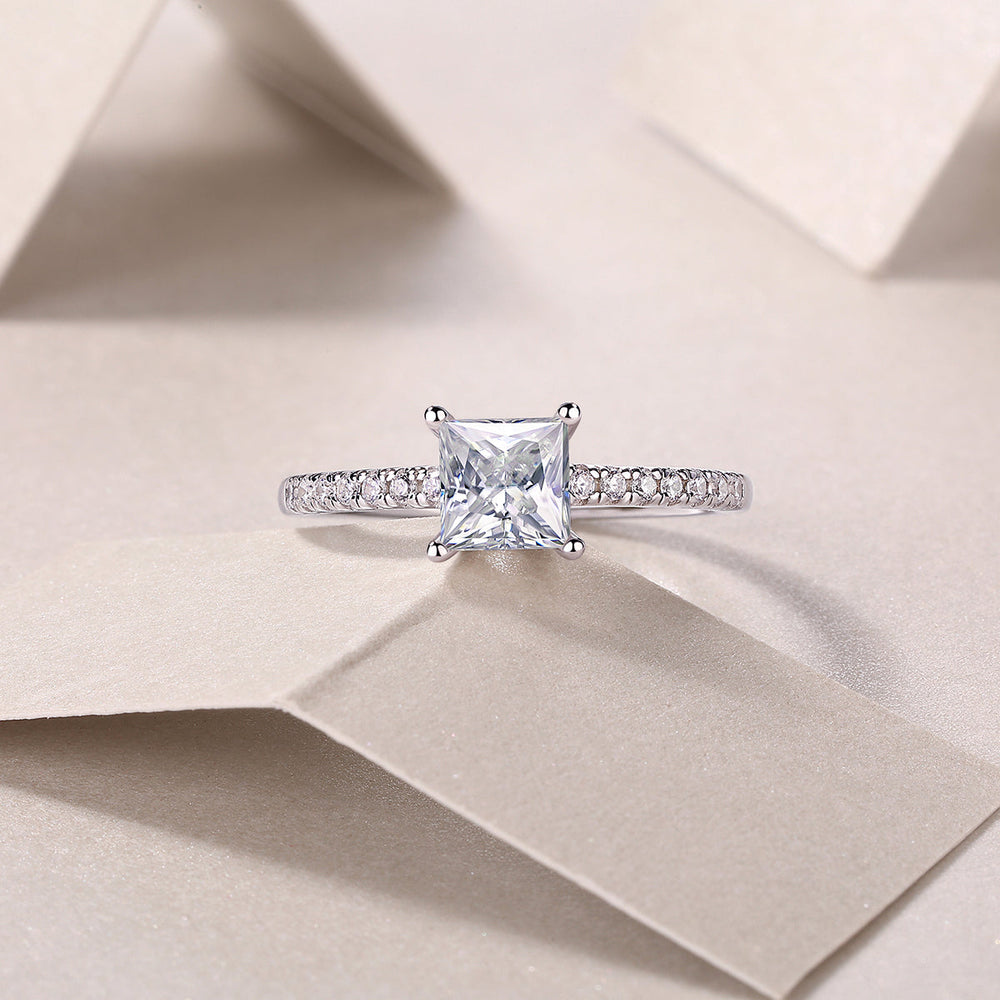 Princess-cut moissanite ring with pavé band, white-gold vermeil center setting