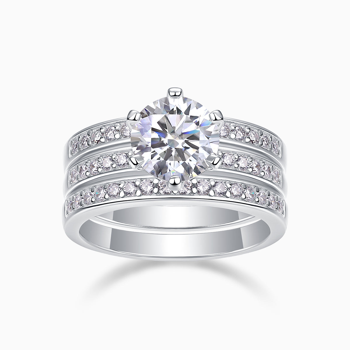 Round moissanite 3-piece stackable rings with pavé bands, white gold vermeil
