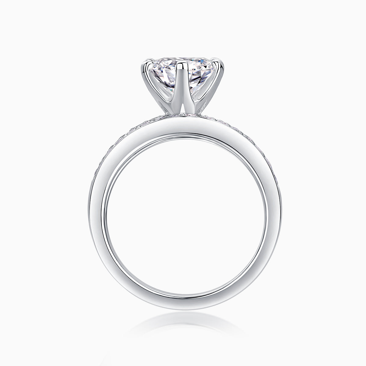 Side view of round moissanite stackable ring set with pavé bands