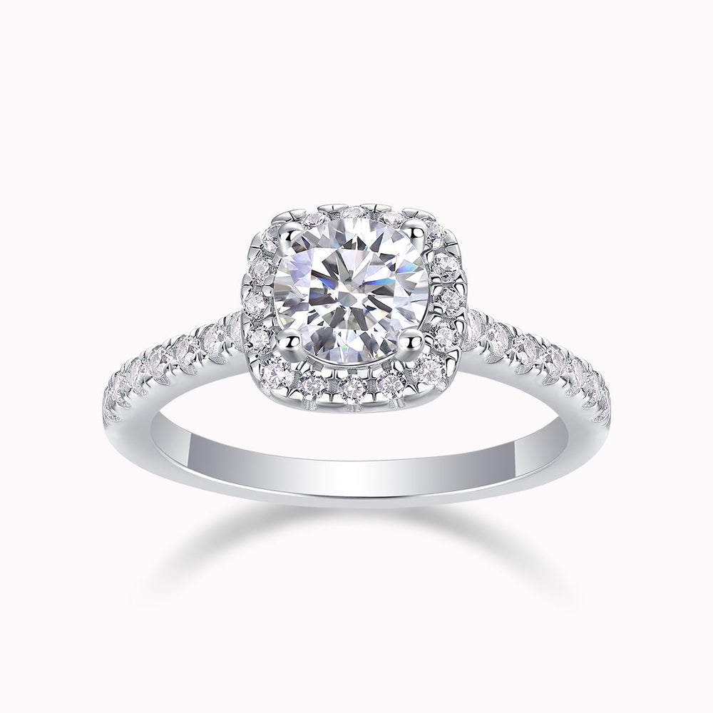 Round halo pavé moissanite ring, square halo setting, white gold vermeil