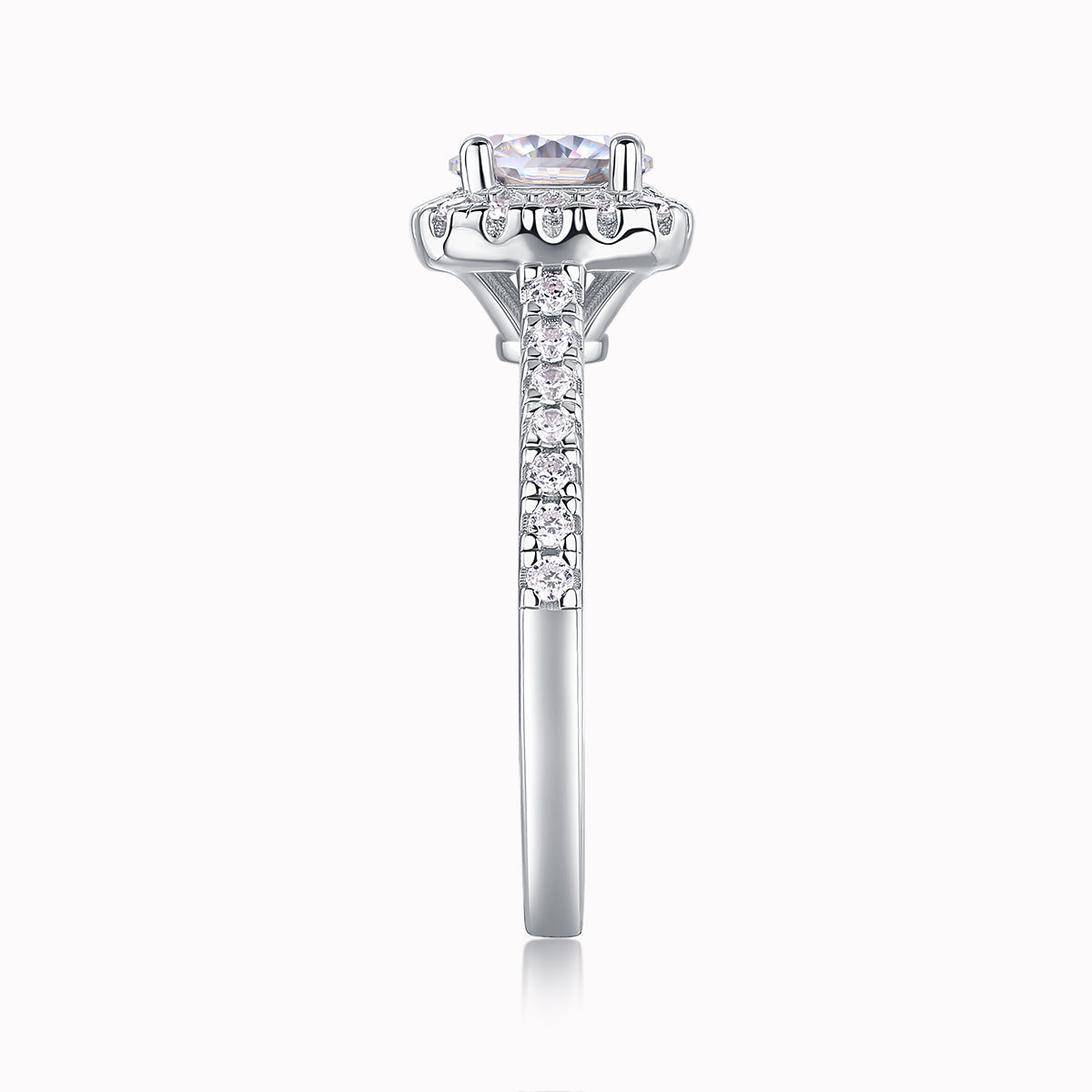 Round halo pavé moissanite ring, front view of square halo stone and pavé shoulders