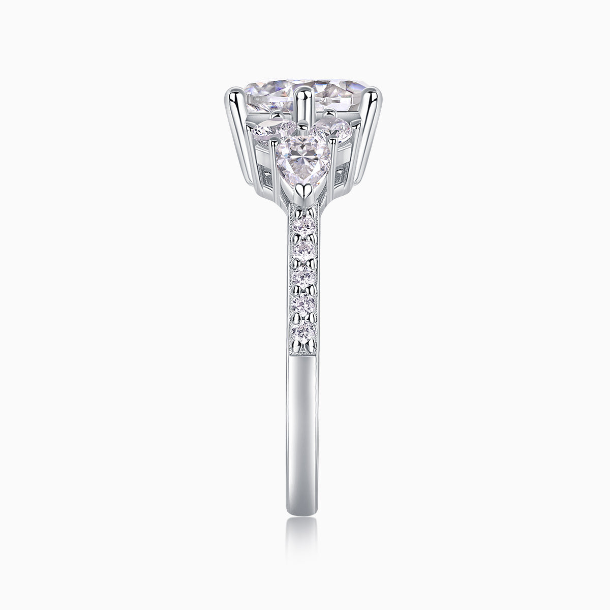 Moissanite pavé ring front view with round center stone and pavé halo, white gold