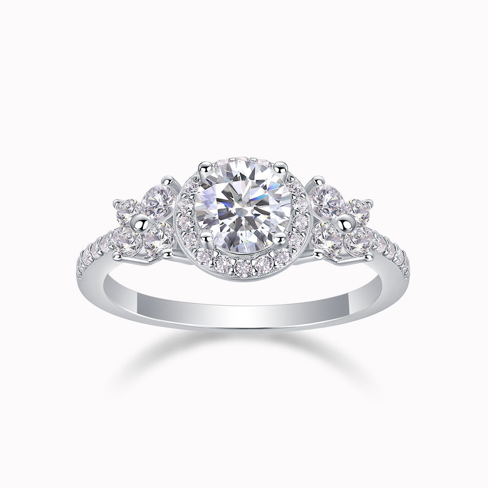 Round halo cluster moissanite ring with side pavé stones, white gold vermeil