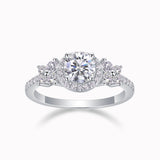 Round halo cluster moissanite ring with side pavé stones, white gold vermeil