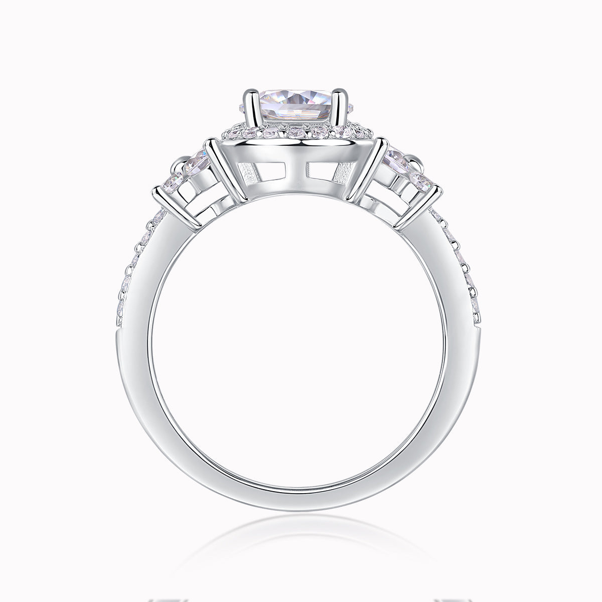 Top view of round halo cluster ring with central round stone and prong setting