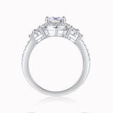 Top view of round halo cluster ring with central round stone and prong setting