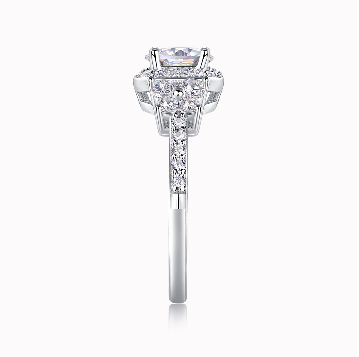 Front view of round halo cluster ring with central stone and pavé side detailing