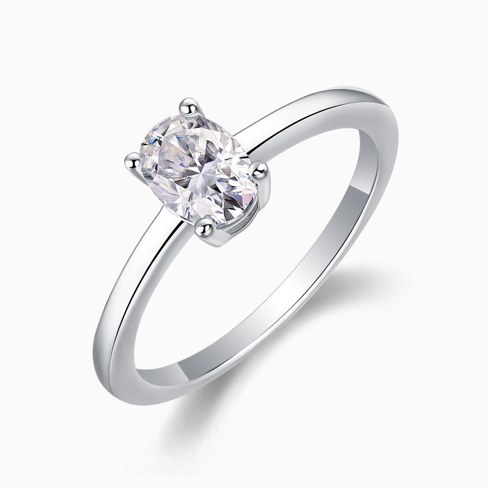 Ovaler Solitär-Moissanit-Ring in White-Gold-Vermeil, seitliche Ansicht der Zargen
