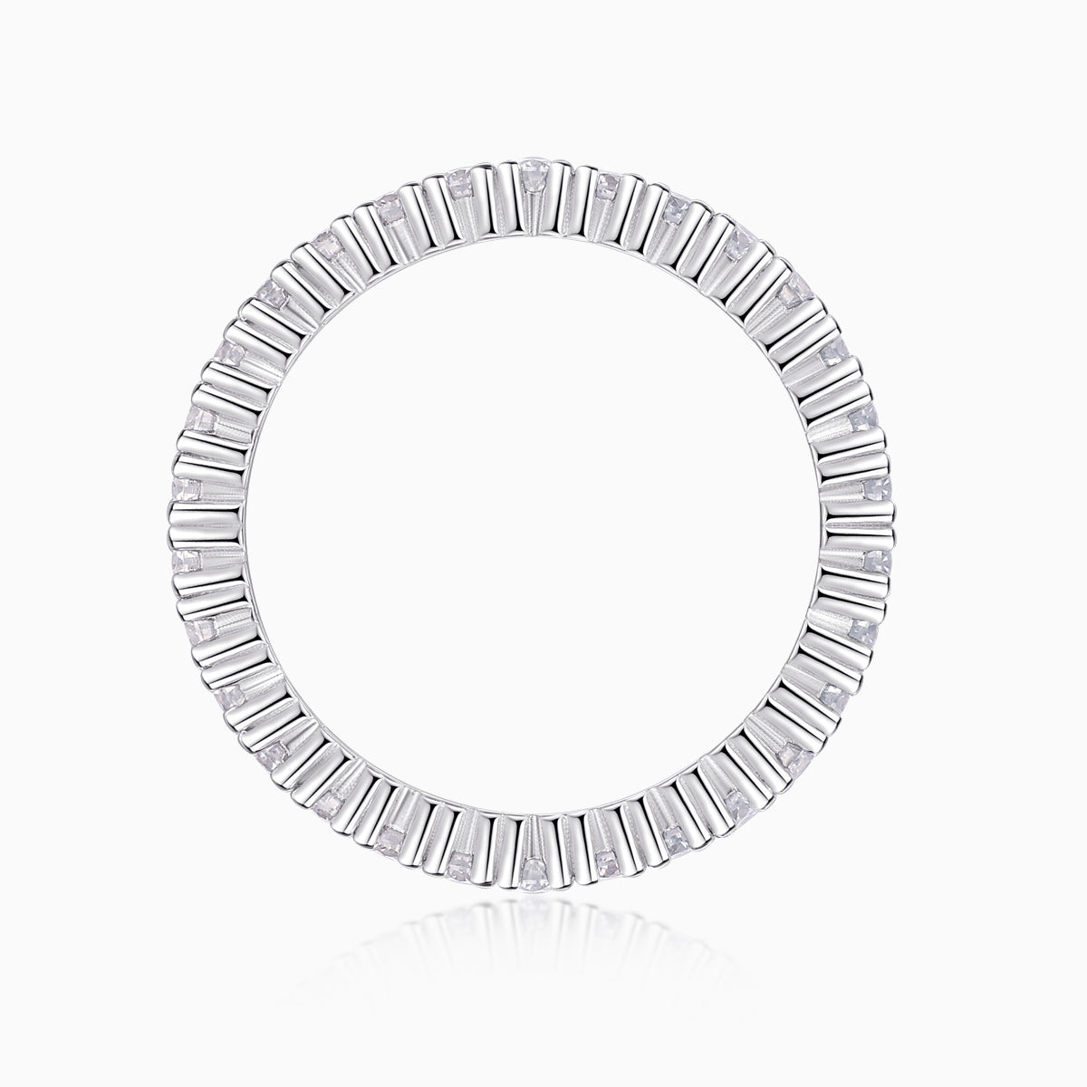 Moissanite pavé stacking ring, open view of white metal band with baguette-like accents