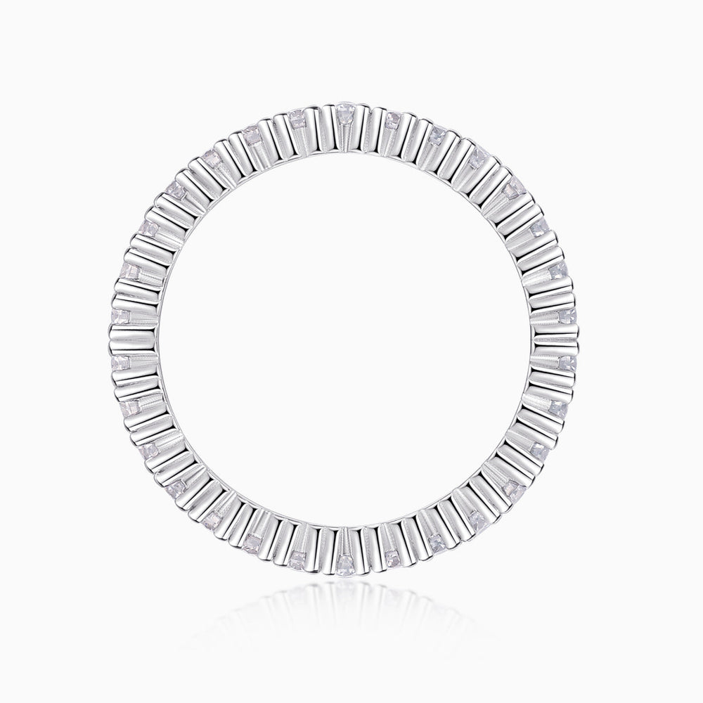 Moissanite pavé stacking ring, open view of white metal band with baguette-like accents