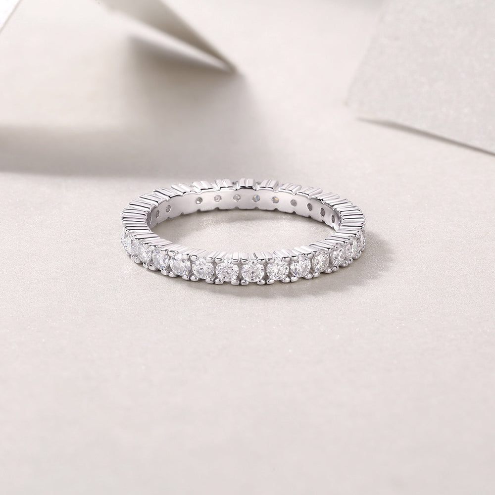 Moissanite pavé stacking ring band, white metal with bead-set stones around