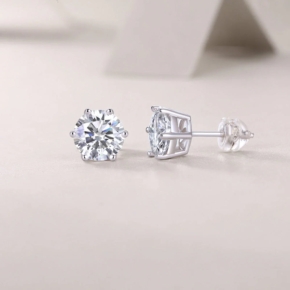 Moissanite solitaire stud earrings, 6-prong setting with round stone, post backing