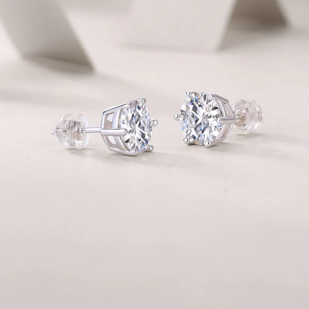 Moissanite solitaire stud earrings side view, round stone in 6-prong setting