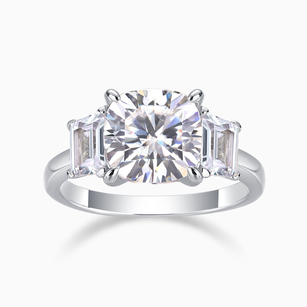 Three-stone cushion-cut moissanite engagement ring, white gold vermeil, front view