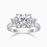 Three-stone cushion-cut moissanite engagement ring, white gold vermeil, front view