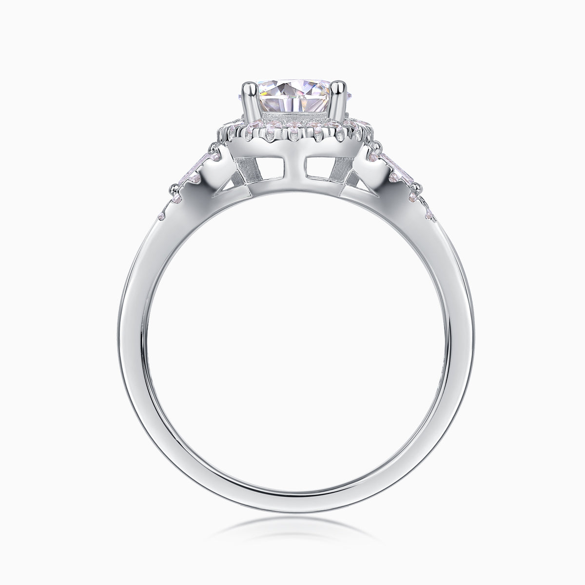 Round halo pavé moissanite ring profile view with prong-set center stone and pavé shoulders
