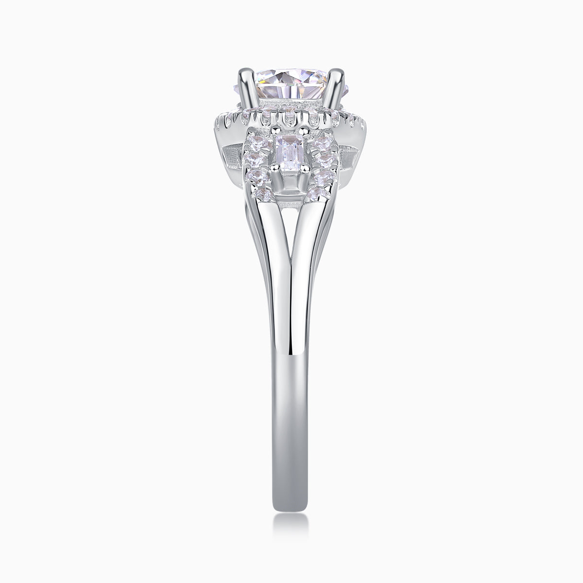 Round halo pavé moissanite ring top view with center round stone and surrounding pavé