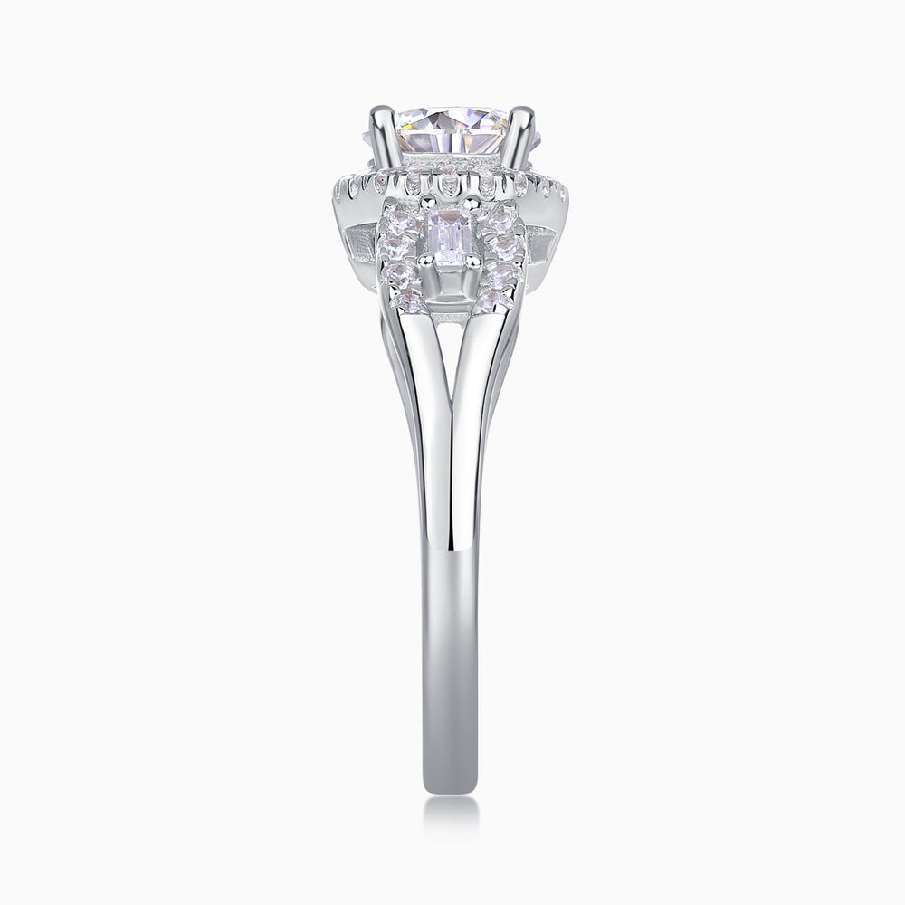 Round halo pavé moissanite ring top view with center round stone and surrounding pavé