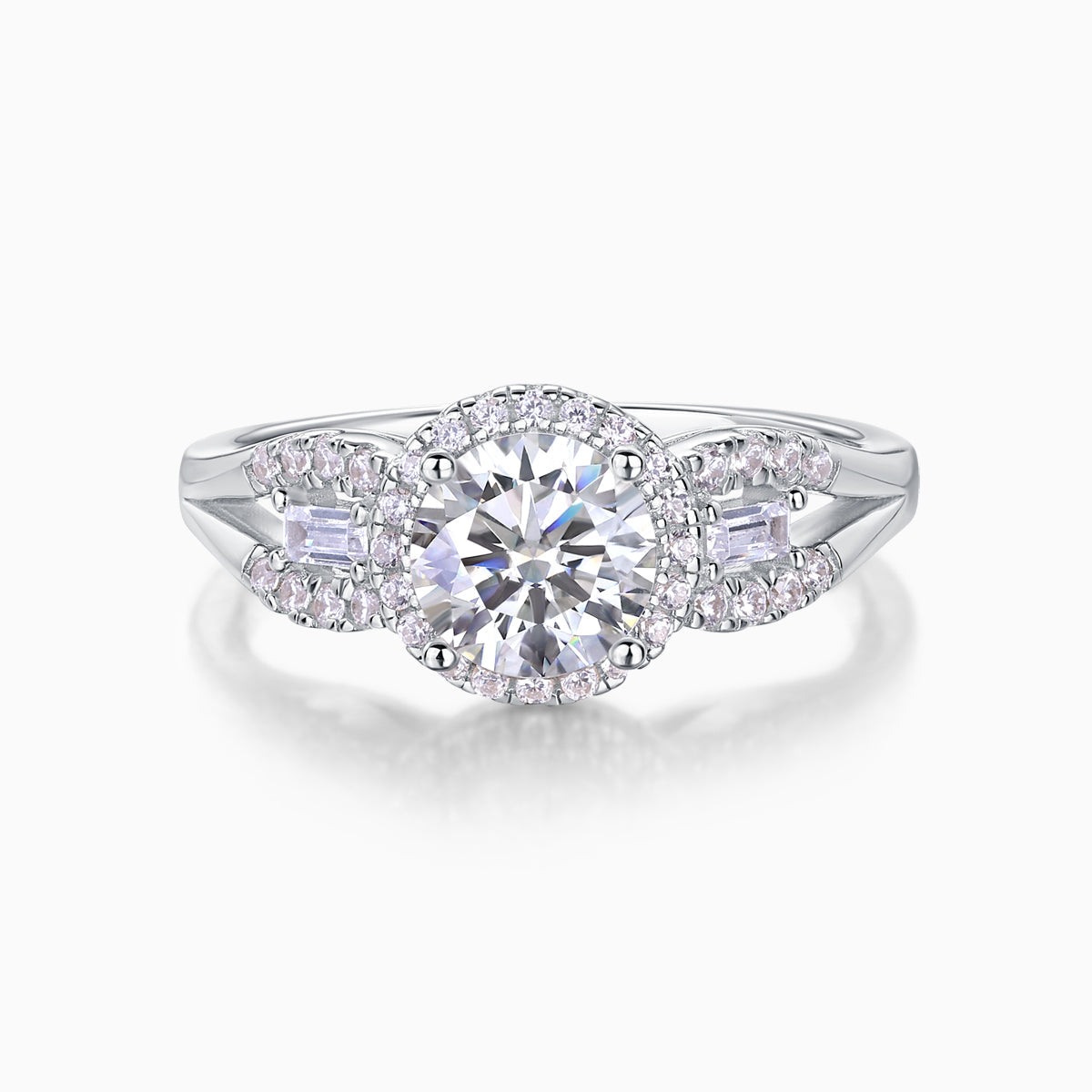 Round halo pavé moissanite engagement ring with center round stone and side emerald-cut accents
