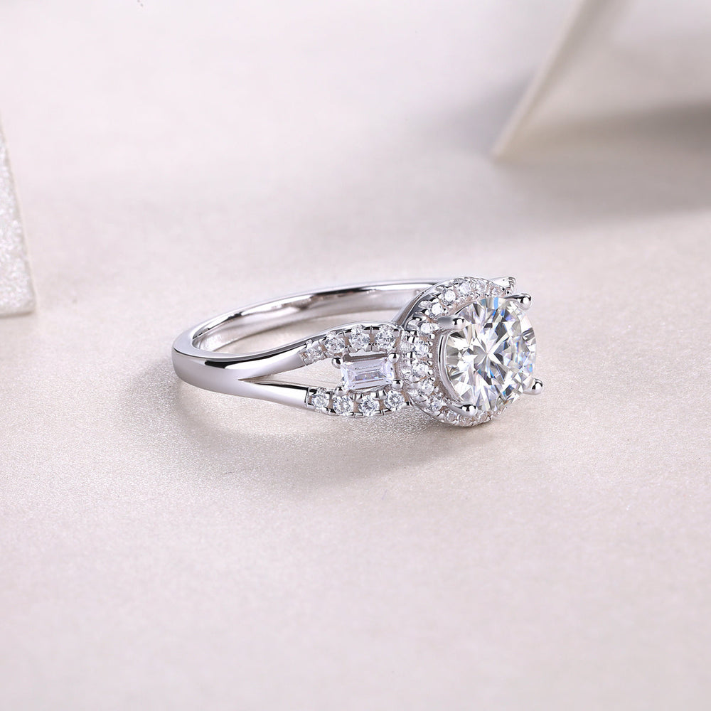 Round halo pavé moissanite engagement ring close-up with center round stone and engraved pavé details
