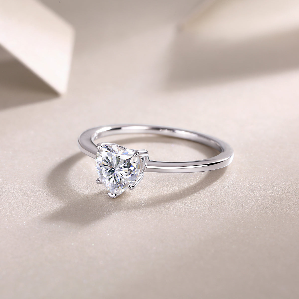 Heart-cut moissanite solitaire engagement ring, white gold vermeil with rounded band