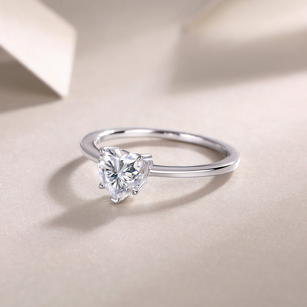 Heart-cut moissanite solitaire engagement ring, white gold vermeil with rounded band