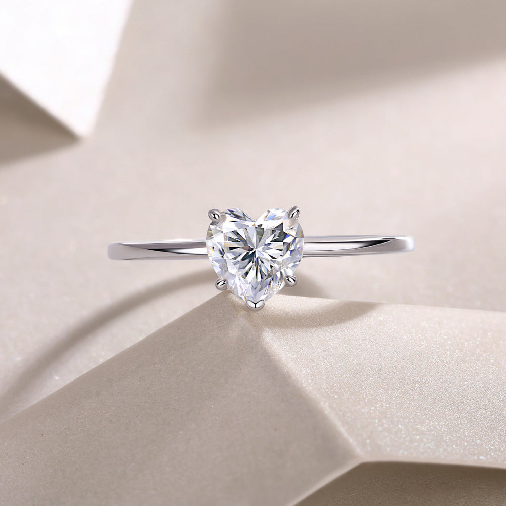 Heart-cut moissanite solitaire ring, front view with heart-shaped center stone