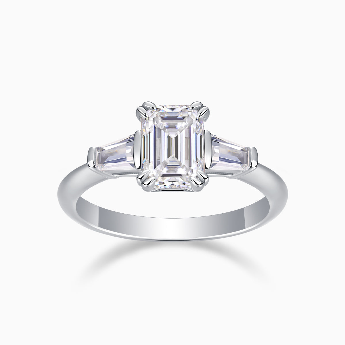 Three-stone emerald-cut moissanite ring, white gold vermeil, square stones in prong setting