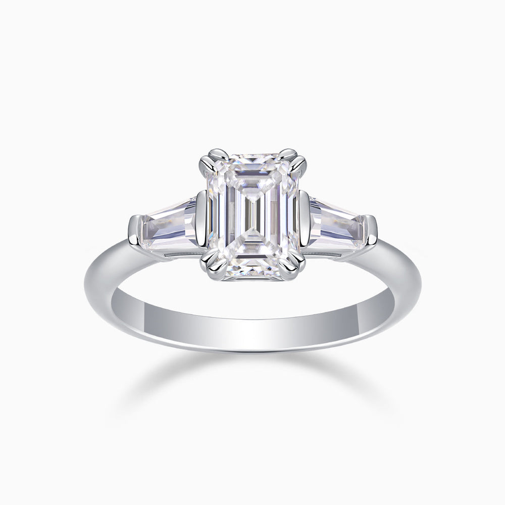Three-stone emerald-cut moissanite ring, white gold vermeil, square stones in prong setting