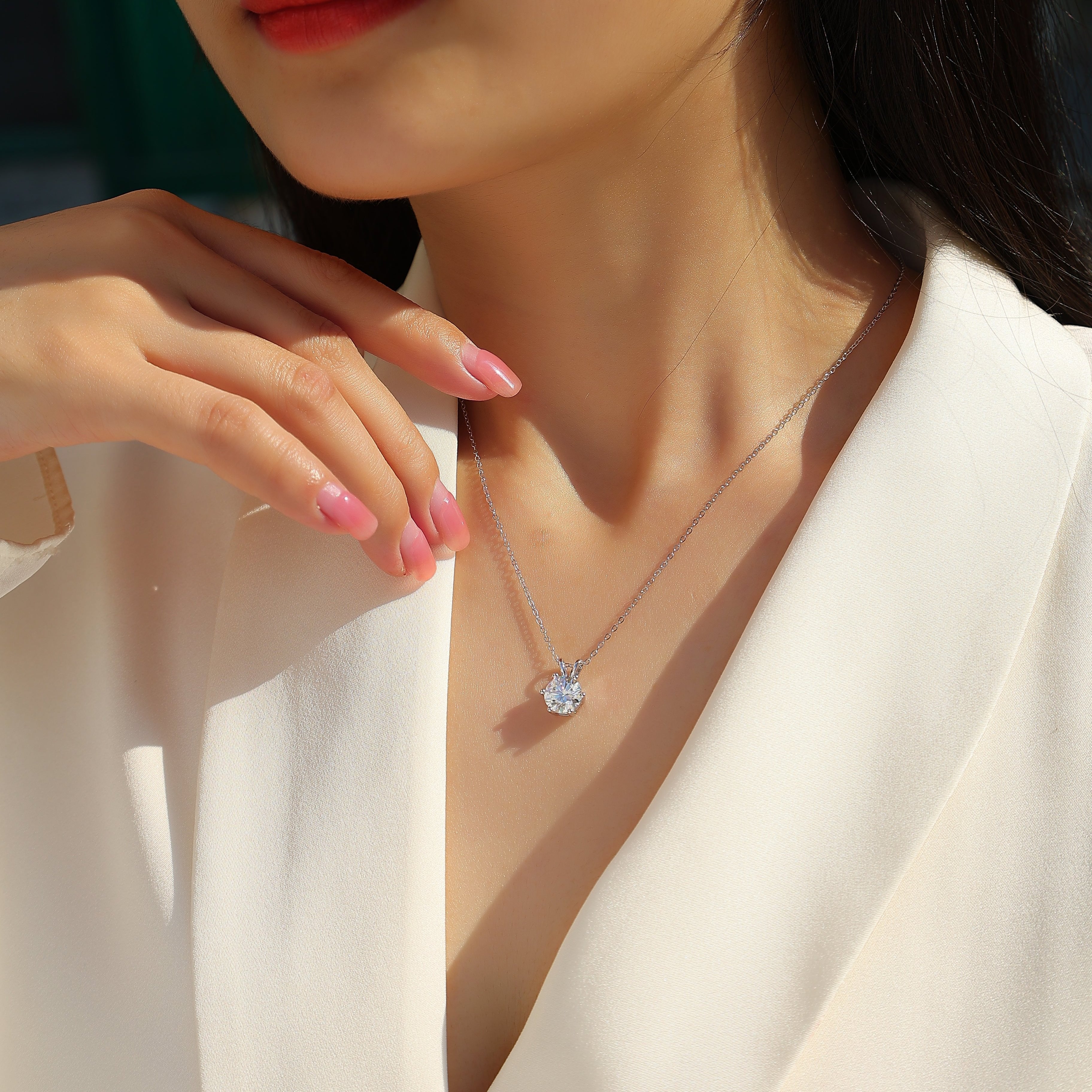 Moissanite pendant necklace with round 6-prong crown solitaire, white gold vermeil