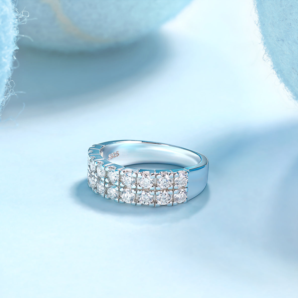 Double-row moissanite half pavé band ring with sparkling round stones
