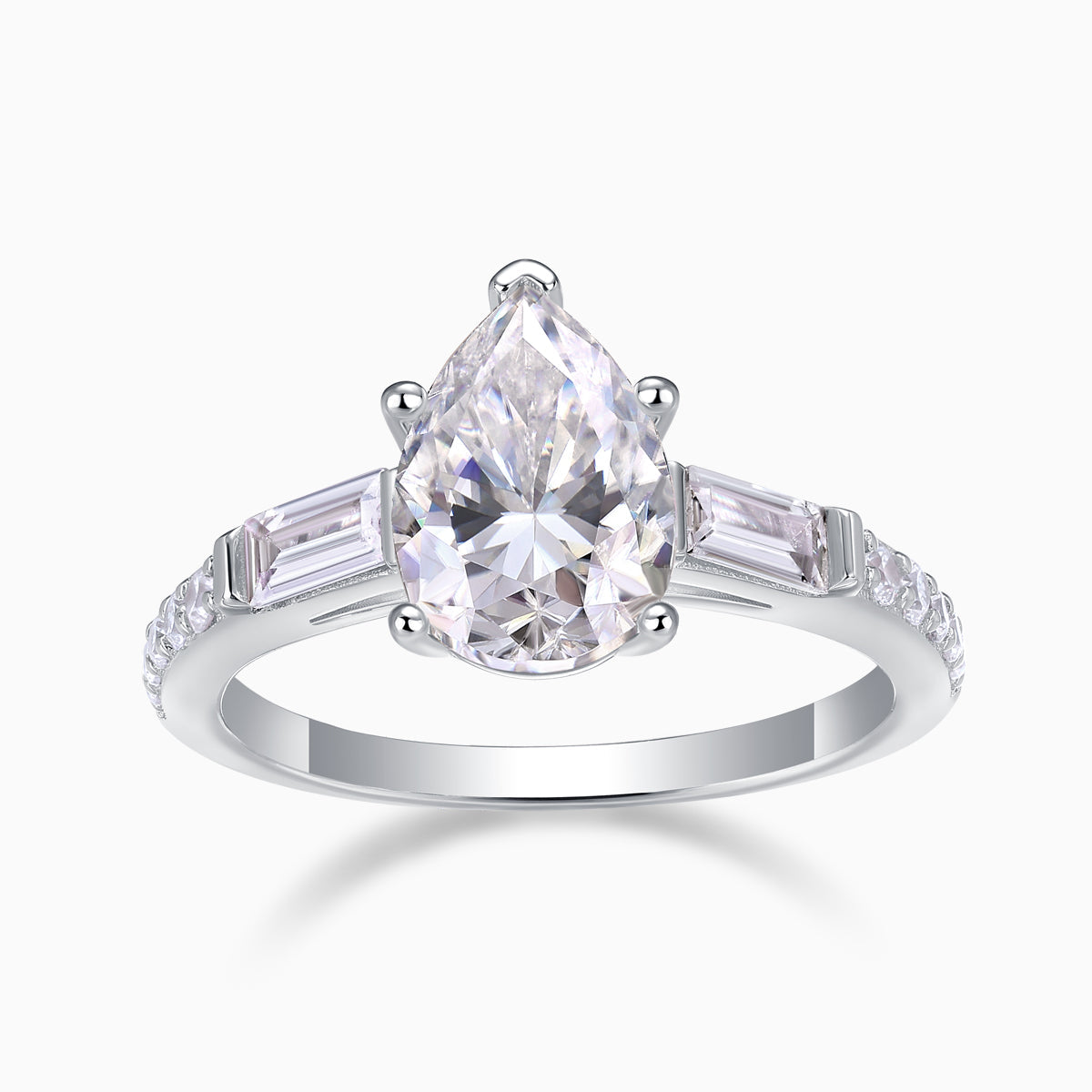 Pear-cut moissanite with baguette side stones and pavé band, white gold ring profile