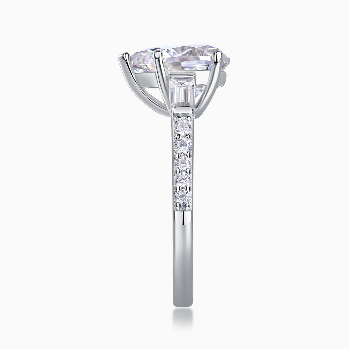 Vertical view: pear-cut moissanite engagement ring with baguette shoulders and pavé band