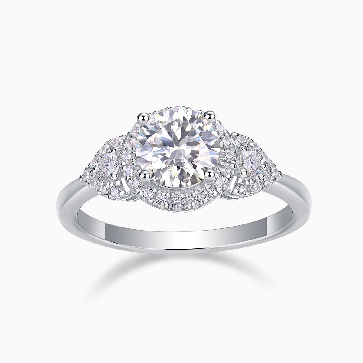 Round moissanite halo engagement ring, white gold vermeil with pavé accents