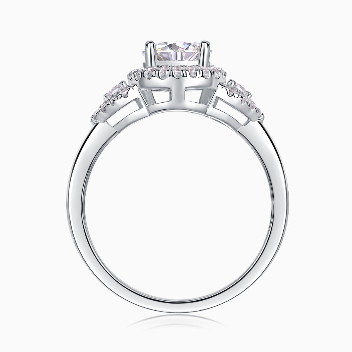 Profile view of moissanite halo engagement ring with prongs and pavé shoulders