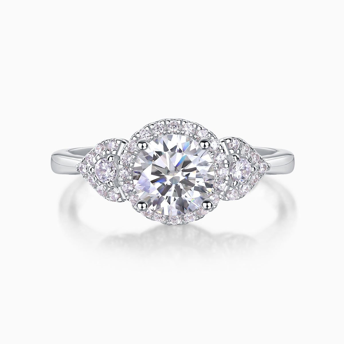 Round moissanite halo ring with prong-set center and pavé border on sleek band