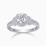 Round halo engagement ring, center moissanite with pavé halo and split-prong details