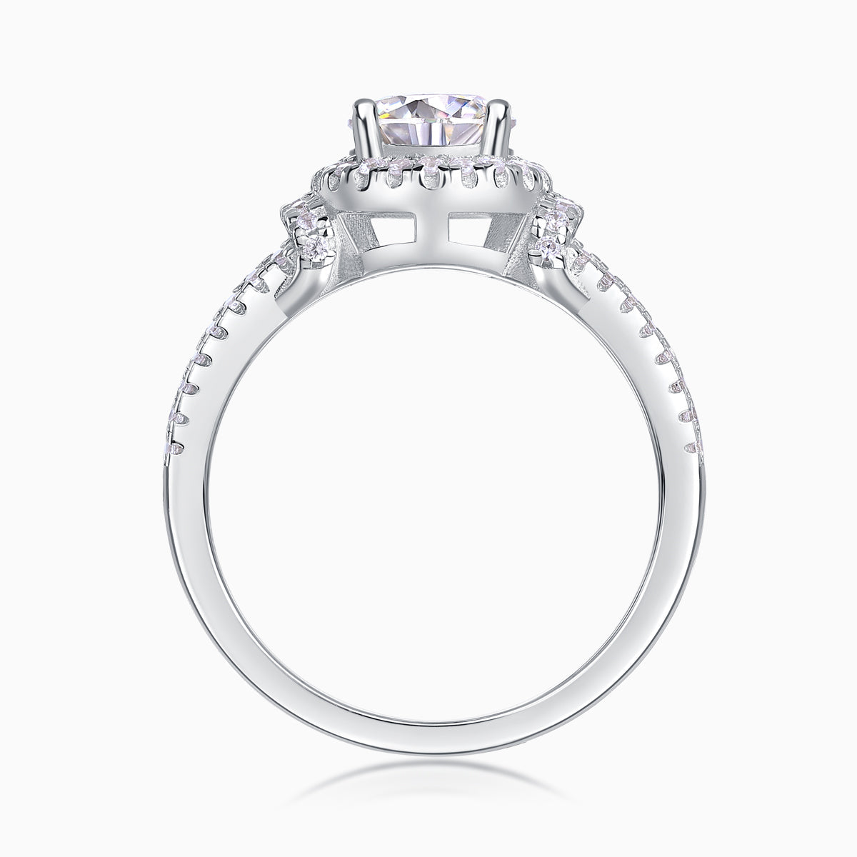 Halo engagement ring view from side, square prongs and pavé band around the shank